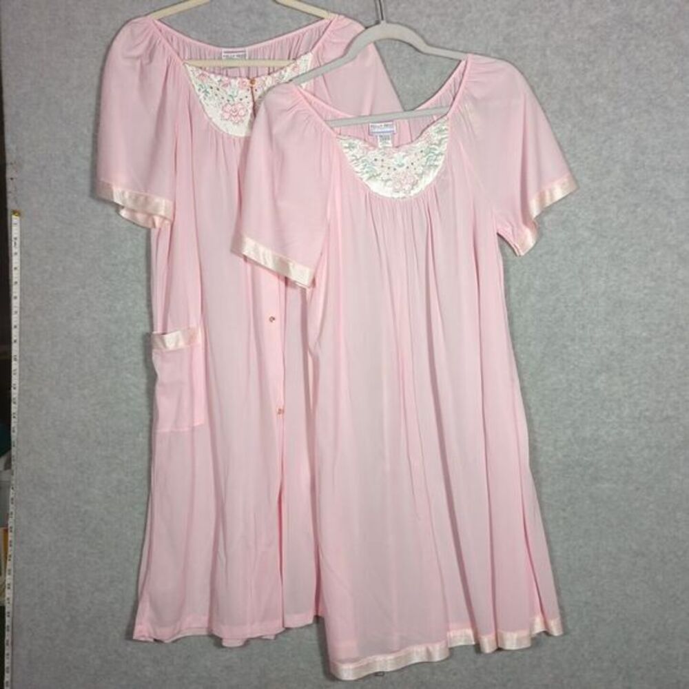 Vtg Kelly‎ Reed S Pink Nylon Nightgown Robe Set Peignoir Short Sleeve Floral 80s